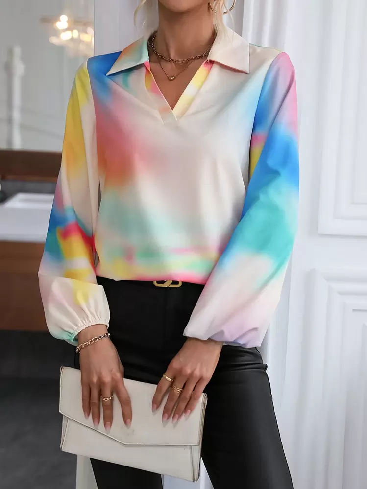 SHEIN LUNE Lantern Sleeve Blouse - Multicolor - View 1