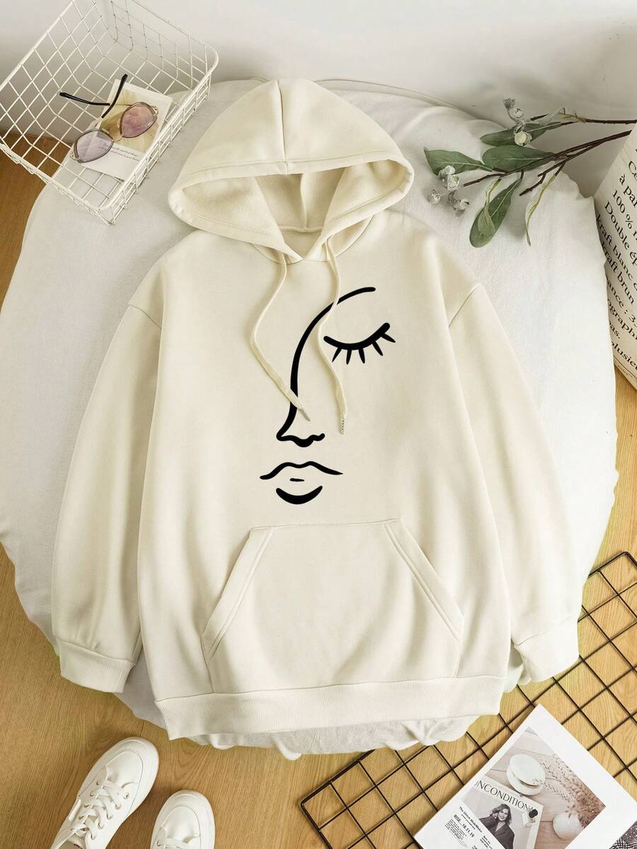 SHEIN EZwear Đồ họa Hình Túi kangaroo Dây rút Lót nhiệt Hoodie - Màu be - Xem 1