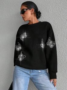 EURMUSE Pha lê Đồ họa Bướm Thả vai Áo nỉ - màu đen - Xem 4