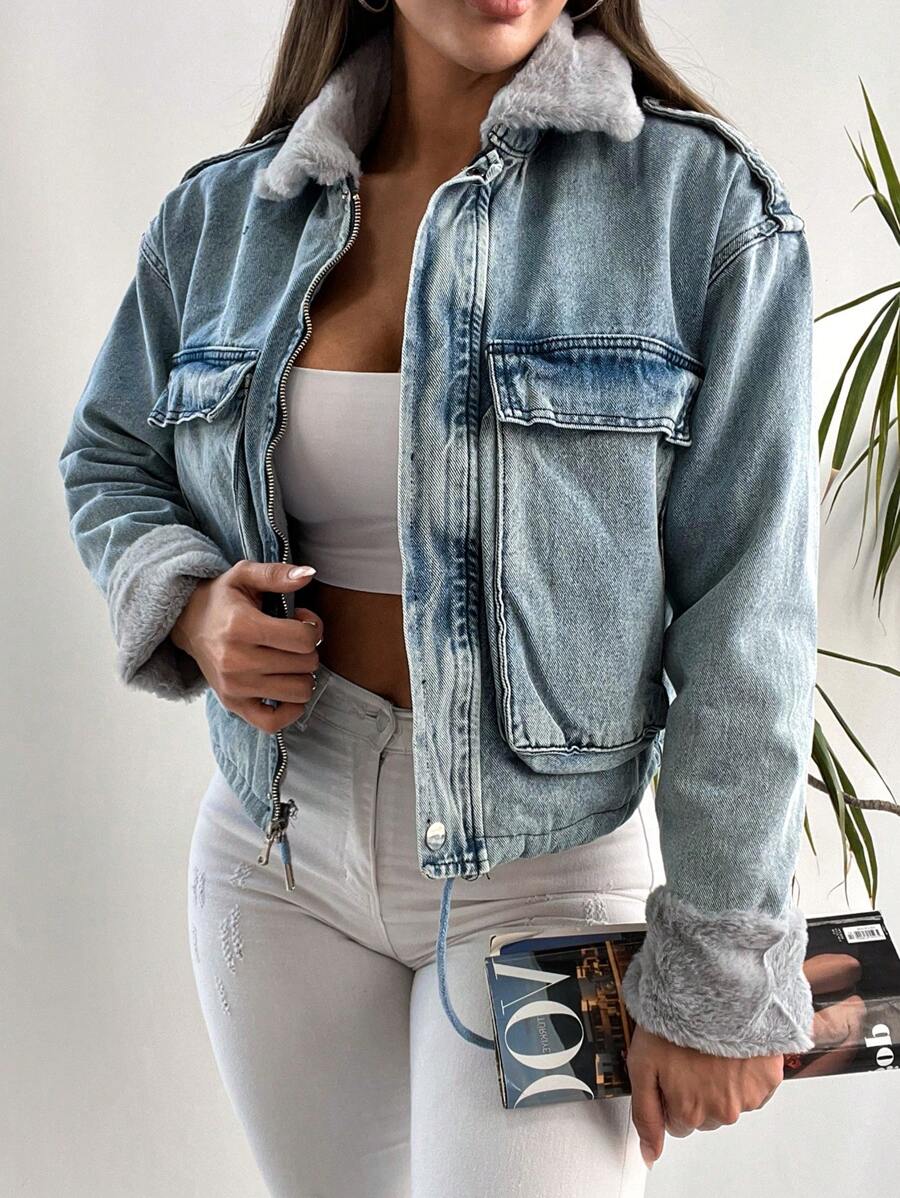 SHEIN Cottnline Fuzzy Collar Flap Pocket Drop Shoulder Denim Jacket - Grey - View 1