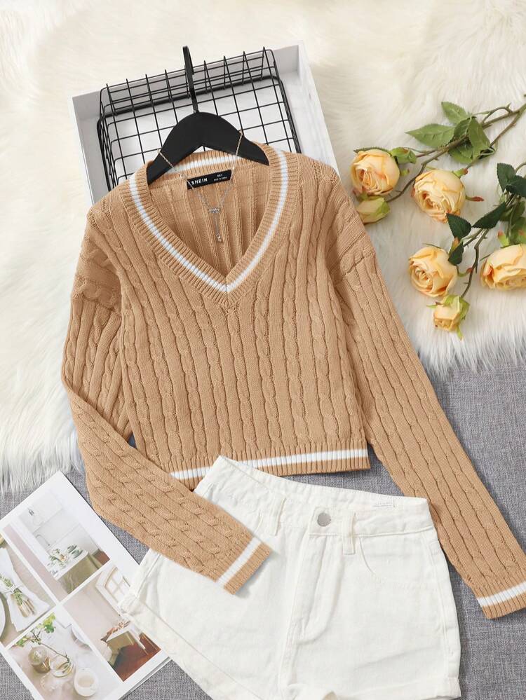 Teen Girl Striped Trim Cable Knit Drop Shoulder Sweater