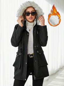 RueChic Drawstring Waist Fuzzy Trim Hooded Parka Coat - Black - View 1
