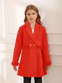 SHEIN Tween Girl Fuzzy Trim Double Button Overcoat for Christmas - Red - View 1