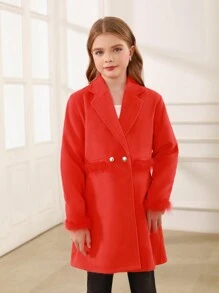 SHEIN Tween Girl Fuzzy Trim Double Button Overcoat for Christmas - Red - View 3