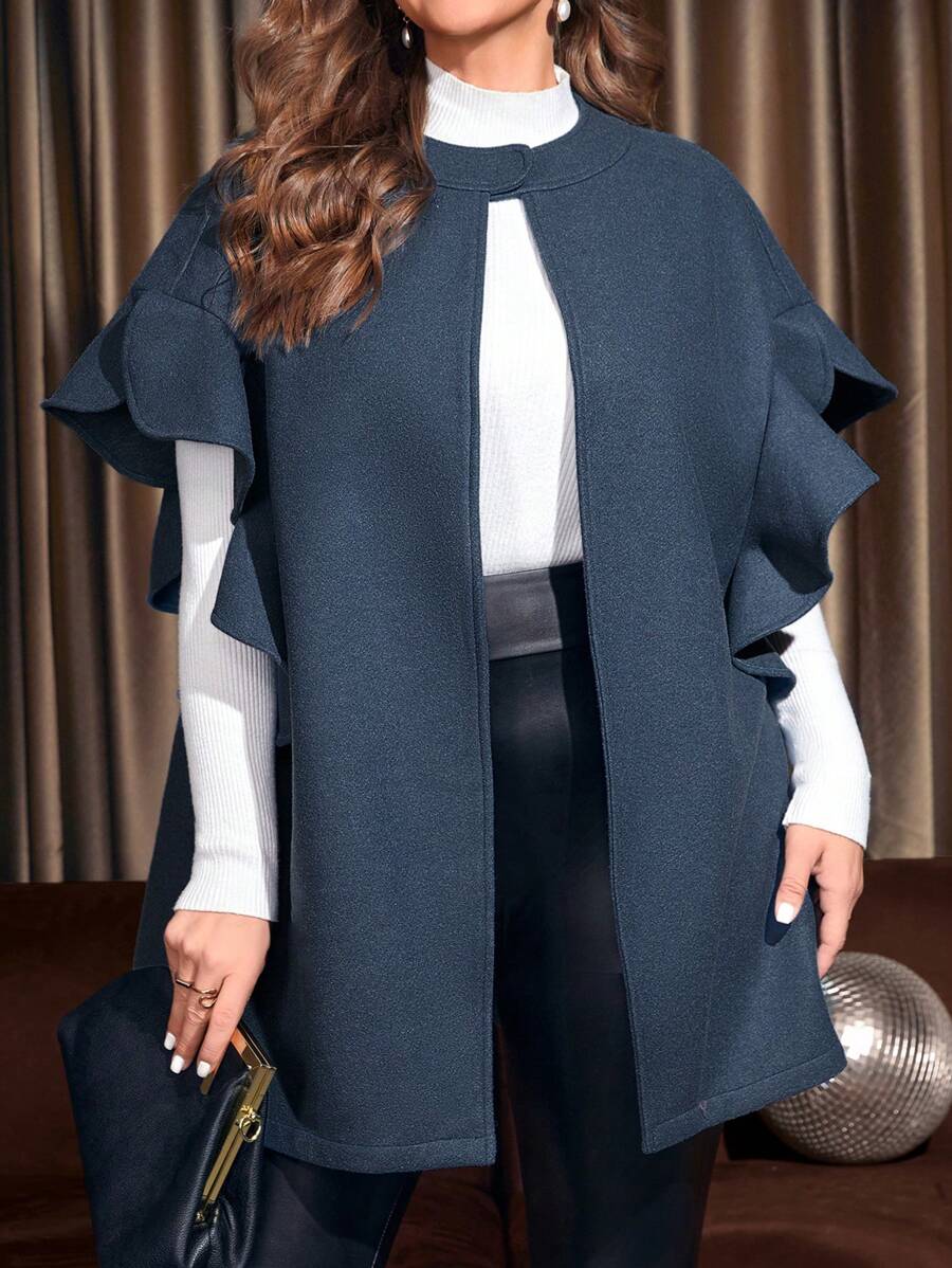 EMERY ROSE Plus Ruffle Trim Flounce Sleeve Overcoat - Blue - View 1