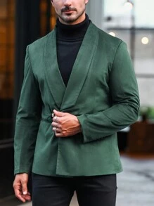 Manfinity Mode 男士側扣西裝外套,配有u形扣和荷葉領 - 墨綠色 - 查看 1
