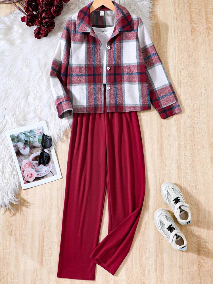 Girls' Retro Ribbede Vest, Plaid Woolen Coat And Knitted Wide Leg Pants Three-piece Set