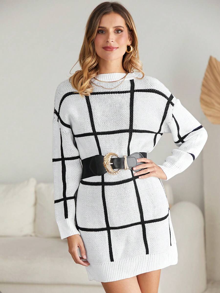 SHEIN Clasi Hoa văn kẻ sọc Thả vai Đầm Áo len Không có thắt lưng - Đen và trắng - Xem 1