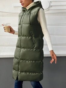 SHEIN Cottnline Zip Up Drawstring Hooded Puffer Vest Coat - Green - View 4