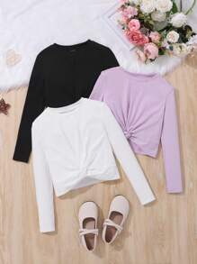 SHEIN Tween Girl 3pcs Twist Hem Tee - Multicolor - View 1