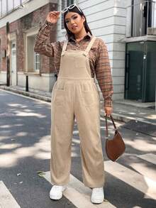 Flirla Plus Solid Patch Pocket Cord Overall Jumpsuit Without Shirt - Khaki - View 5