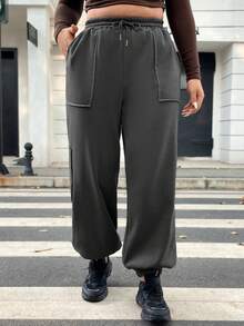 Flirla Plus Drawstring Waist Slant Pocket Sweatpants - Dark Grey - View 4