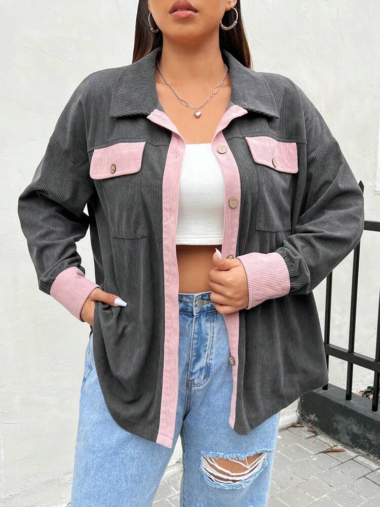 Plus Contrast Trim Drop Shoulder Flap Pocket Coat