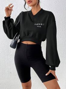 SHEIN Essnce Letter Embroidery Drop Shoulder Crop Sweatshirt - Black - View 4