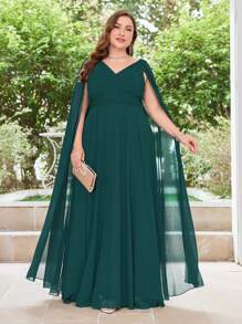 Plus Cloak Sleeve Chiffon Formal Dress - Dark Green - View 6
