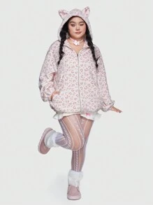 ROMWE Kawaii Plus Size Women's Leopard Hooded Jacket - Pink - View 2