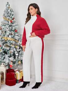 SHEIN Essnce Plus Two Tone Turtleneck Drop Shoulder Sweater & Knit Pants - Red - View 4