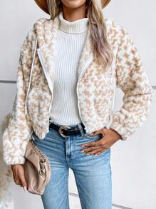 SHEIN LUNE 滿版印花落肩袖抽繩連帽搖粒絨夾克 - 彩色 - 查看 1