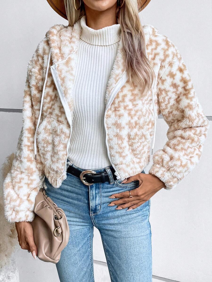 SHEIN LUNE 滿版印花落肩袖抽繩連帽搖粒絨夾克 - 彩色 - 查看 1