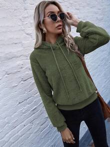 EMERY ROSE Drop Shoulder Drawstring Flannel Hoodie - Army Green - View 5