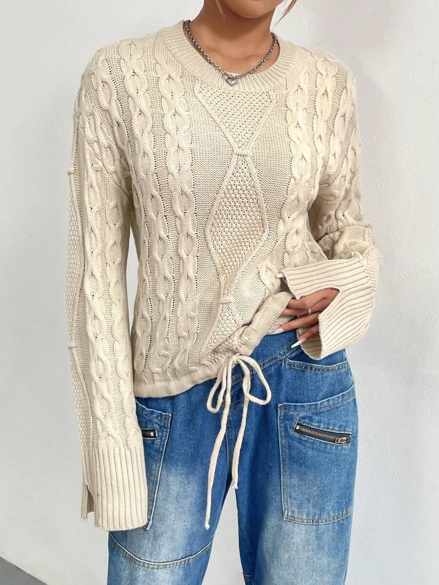 SHEIN Unity 麻花针织抽绳下摆落肩套头毛衣秋冬款 - 卡其色 - 查看 1