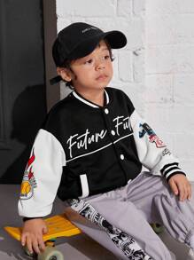SHEIN Young Boy Letter Graphic Striped Trim Varsity Jacket Without Hoodie - Black - View 2