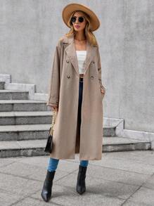SHEIN LUNE Abrigo espina de pescado con estampado de doble botonadura - Café integral - Ver 5