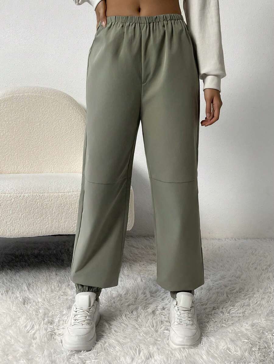 SHEIN Essnce Pantalones unicolor de cintura elástica - Verde - Ver 1