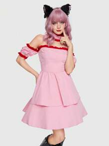 ROMWE Kawaii Off Shoulder Ruffle Hem Costume Dress - Pink - View 4