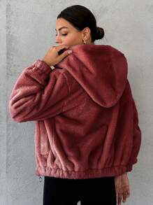 SHEIN Cottnline Dây kéo áo có mũ Áo Teddy Jackets - Màu Đỏ Sâu - Xem 2