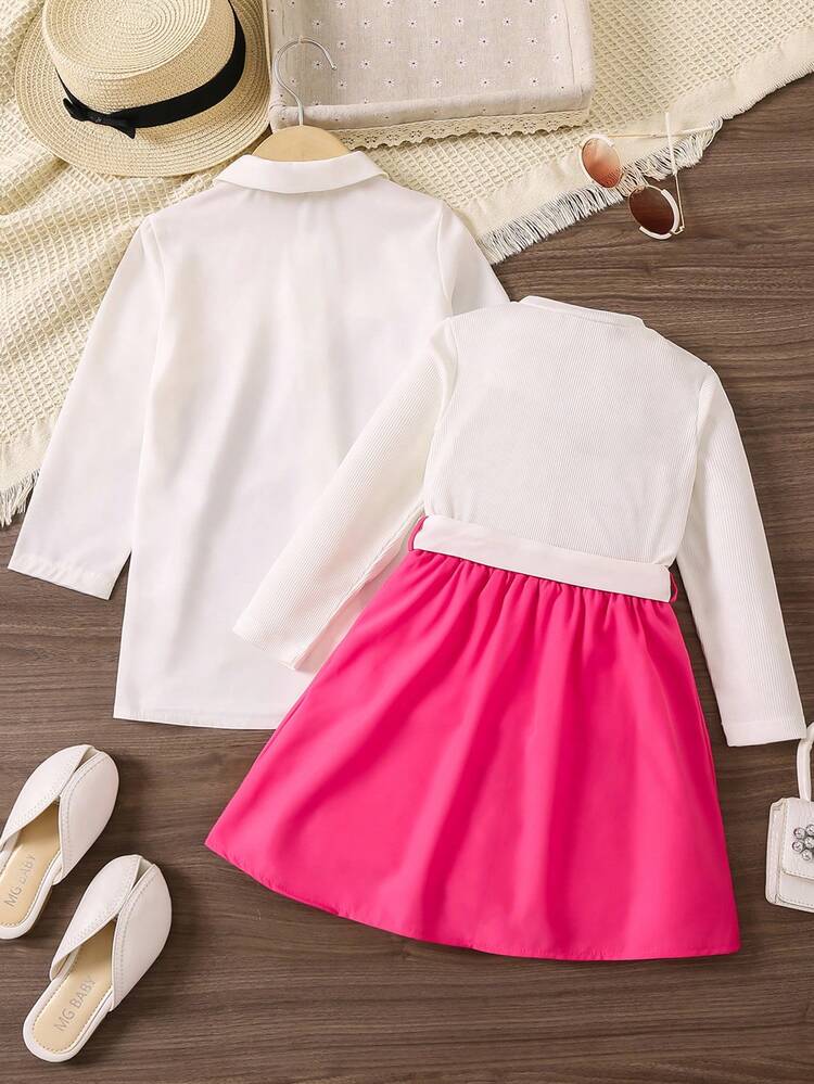 Young Girl Flap Detail Blouse & Belted Skirt & Tee