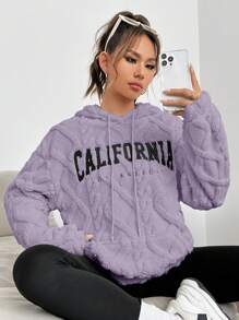 SHEIN EZwear Letter Embroidery Drop Shoulder Drawstring Hoodie In Fall/Winter - Lilac Purple - View 5