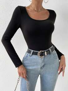 Calvaya Casual Solid Color Thermal Lined Long Sleeve T-Shirt, Autumn/Winter - Black - View 4