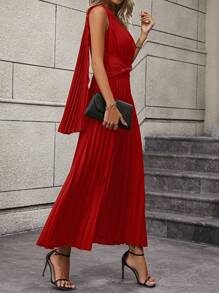 SHEIN Clasi 單肩前扭結百褶下擺洋裝 - 紅色 - 查看 6