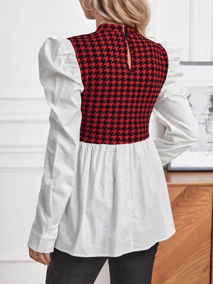 Maternity Houndstooth Print Gigot Sleeve Peplum 2 In 1 Blouse