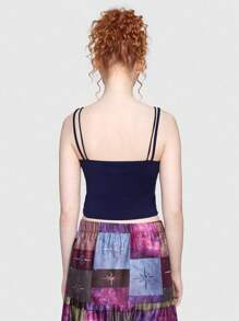 ROMWE Hippie Top de tirantes con estampado de luna y estrella con encaje en contraste - Azul Marino - Ver 5