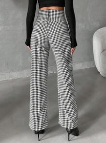 SHEIN Cottnline Women's Houndstooth Pattern Button Detail Straight Leg Pants - Black and White - View 2