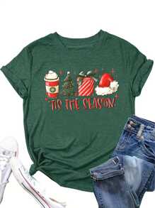 INAWLY Christmas Print Tee Graphic Tees Women Tops - Green - View 1