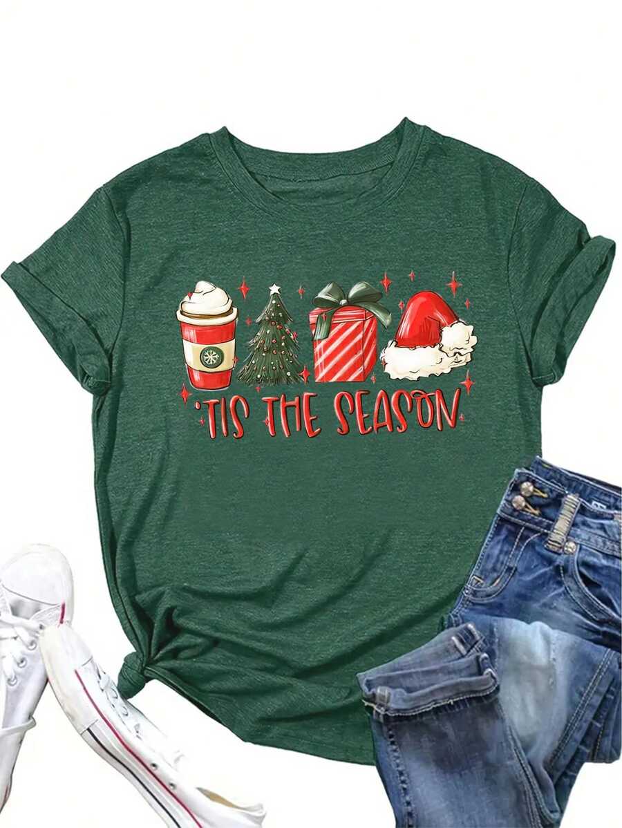 INAWLY Christmas Print Tee Graphic Tees Women Tops - Green - View 1