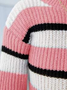 SHEIN Young Girl Striped Pattern Drop Shoulder Sweater Dress - Pink - View 6