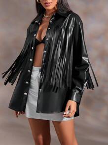 SHEIN BAE 流蘇邊PU皮革外套 - 黑色 - 查看 5