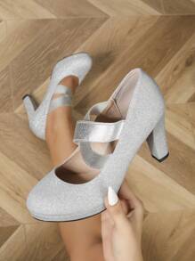 女士弹力交叉带圆头防水厚底锥跟低帮鞋，优雅玛丽珍设计，春秋银色闪亮时尚高跟鞋，银色 - 銀色 - 查看 4