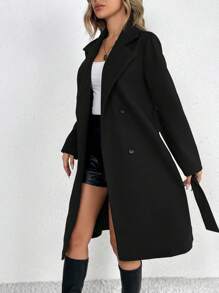 SHEIN Tall Abrigo cruzado con cinturón y cuello de solapa para otoño/invierno - Negro - Ver 3