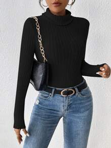 SHEIN PETITE Turtleneck Ribbed Knit Bodysuit - Black - View 3