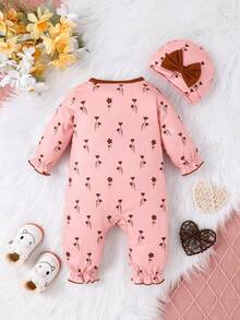 Baby Girl Floral Print Ruffle Trim Flounce Sleeve Jumpsuit & Hat - Pink - View 2