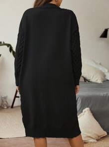 Flirla Plus Drop Shoulder Cable Knit Cardigan - Black - View 2