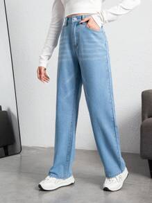 SHEIN 少女日常直腳牛仔褲 - 淺色水洗藍 - 查看 4