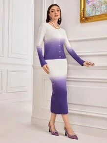 Modelyn Ombre Button Front Cardigan & Knit Skirt 2 Piece Set - Purple - View 5