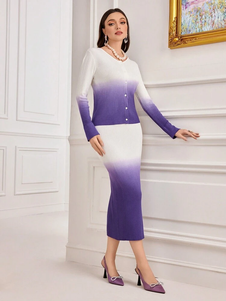 Ombre Button Front Cardigan & Knit Skirt 2 Piece Set