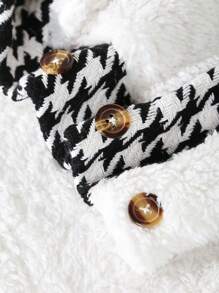 Baby Girl Houndstooth Print Flap Pocket Fuzzy Coat - Black and White - View 5